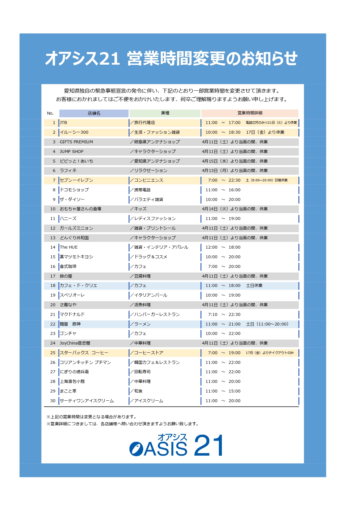 4月15日更新 営業時間変更のお知らせ ニュース プレスリリース オアシス21